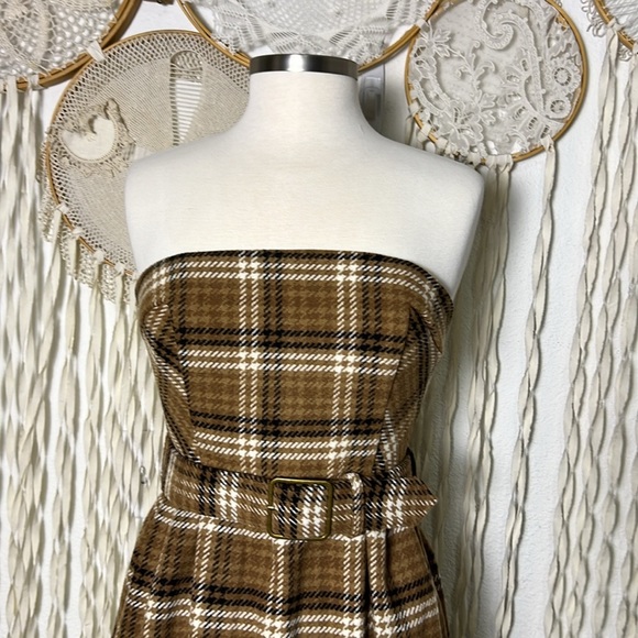 By Anthropologie Strapless Belted Midi Length Dress in Tan and Brown Plaid US6 - Picture 3 of 15